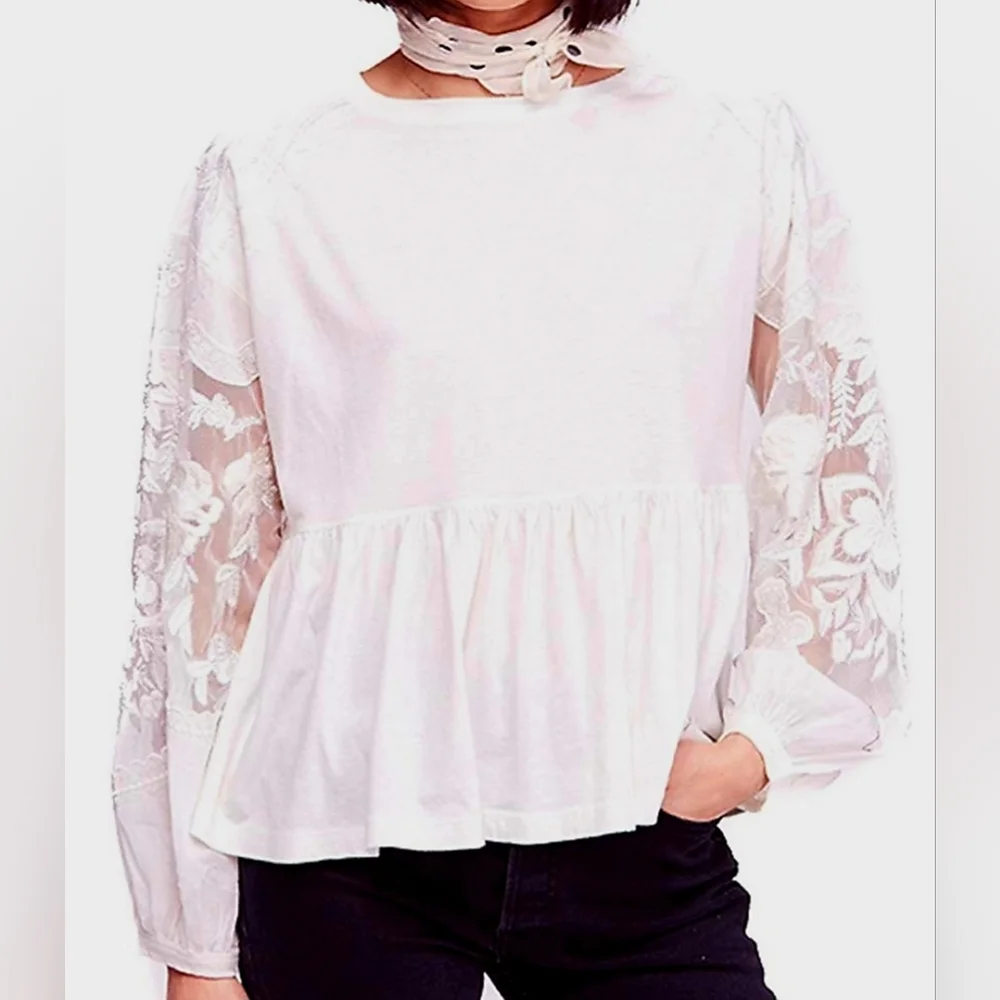Free People Women Boho Blouse 100% Cotton Embroidered Puff Mesh Peplum Small/Med